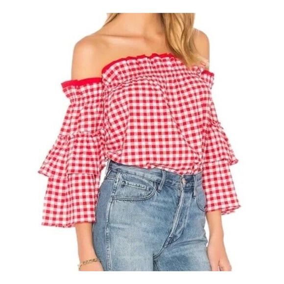 Misa Los Angeles Sabina Gingham Off The Shoulder Top Ruffle Blouse Top Red M - Picture 1 of 8